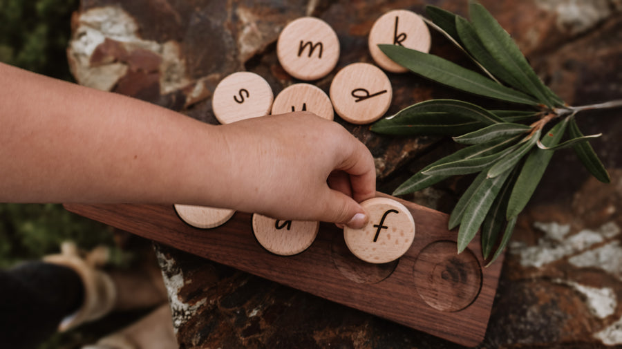 Wooden Word Building Tray + Tokens
